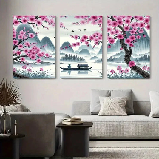 3pcs Serene Cherry Blossom River Boat Scene Metal Print Ready to Hang Art
