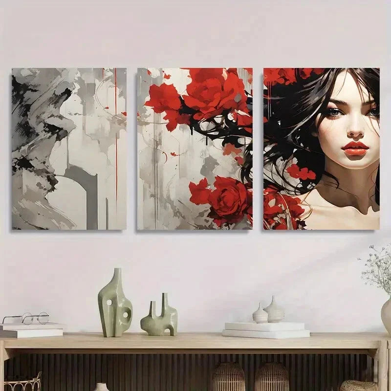 3pcs Radiant Red Rose Abstract Woman Metal Print Ready to Hang Art