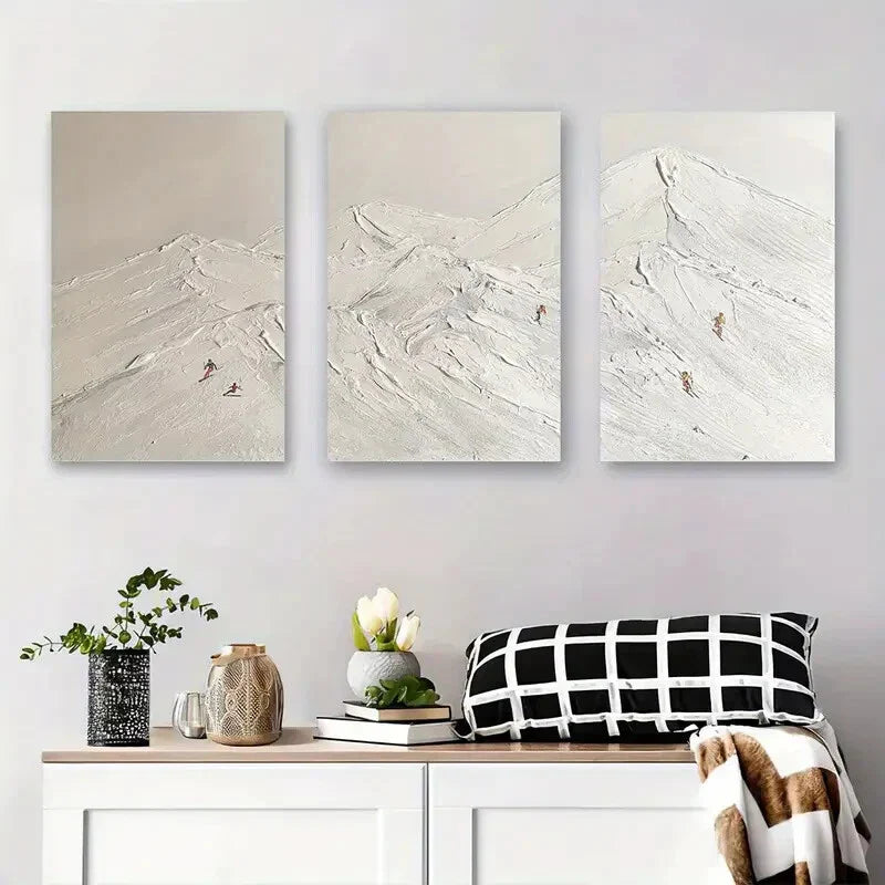 3pcs Snowy Mountain Peaks with Skiers Metal Print Ready to Hang Art