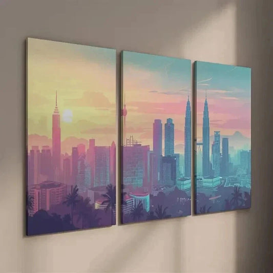 3pcs Vibrant Malaysia Kuala Lumpur Cityscape Wall Art Set Canvas Framed 40x60cm - High Quality Print 100% Australian Made Wall Canvas Ready to Hang