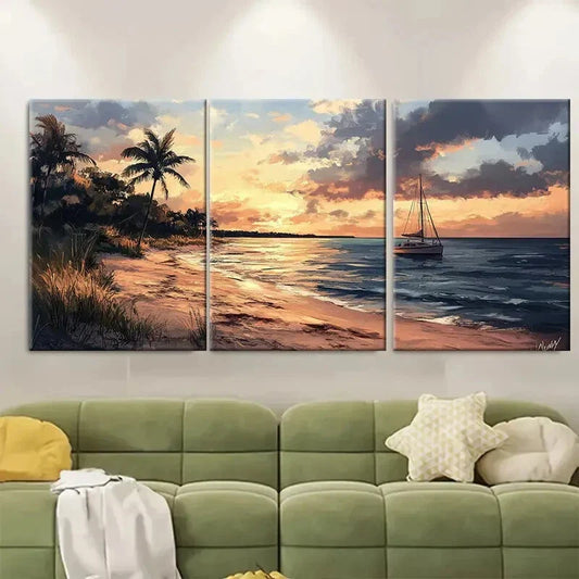 3pcs Beach Scenery with Sailboat Palm Trees Metal Print Ready to Hang Art