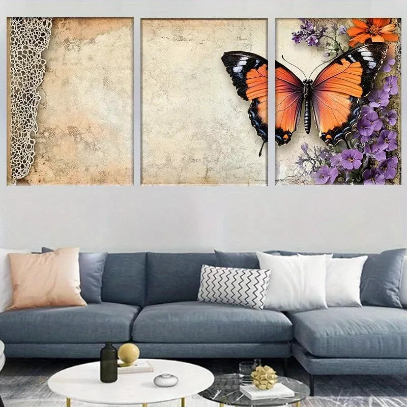 3pcs Rustic Floral Lace Vintage Butterfly Wall Art Set Canvas Framed 40x60cm - High Quality Print 100% Australian Made Wall Canvas Ready to Hang