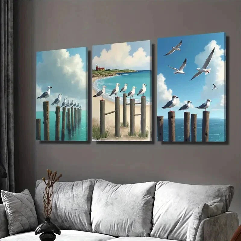 3pcs Modern Classic Beach Scene With Lighthouse Wall Art Set Canvas Framed 40x60cm - High Quality Print 100% Australian Made Wall Canvas Ready to Hang