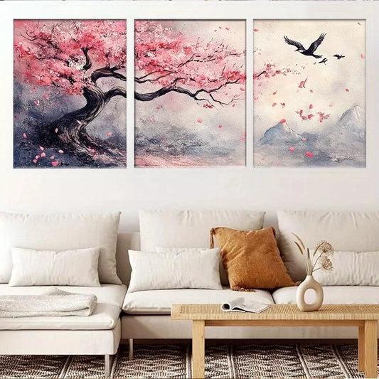 3pcs Cherry Blossom Tree and Flying Birds Wall Art Set Canvas Framed 40x60cm - High Quality Print 100% Australian Made Wall Canvas Ready to Hang