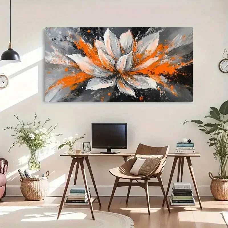 Abstract Floral Orange Décor Wall Art Canvas Office Home Room Framed 80x45cm