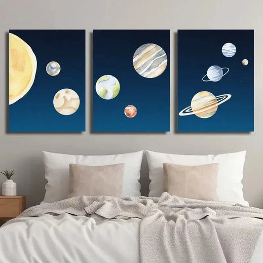 3pcs Navy Blue Starry Sky Planet Solar Metal Print Ready to Hang Art
