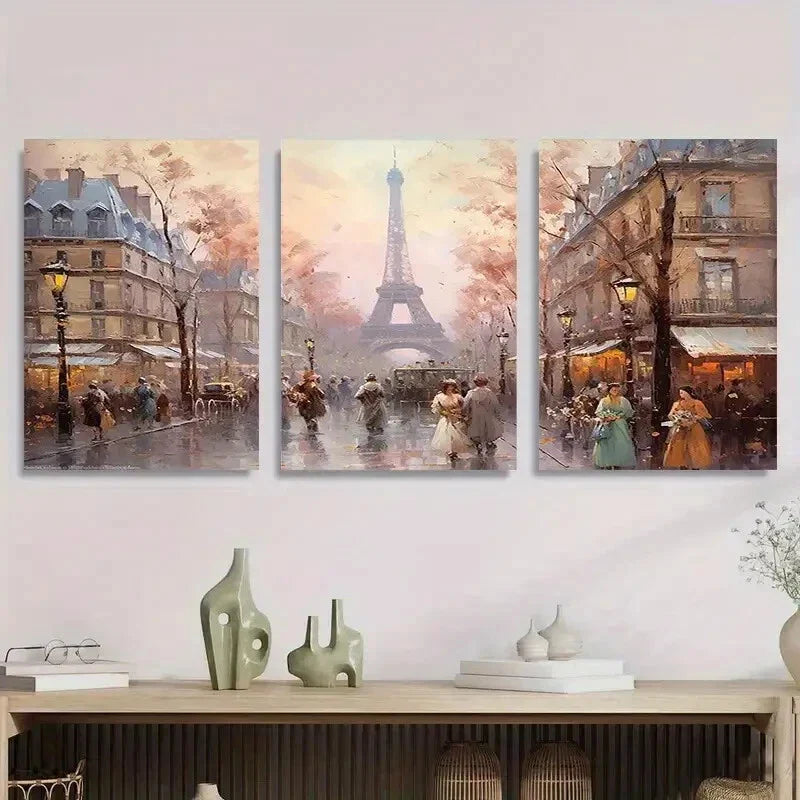 3pcs Vintage Parisian Street Scene with Romantic Metal Print Ready to Hang Art