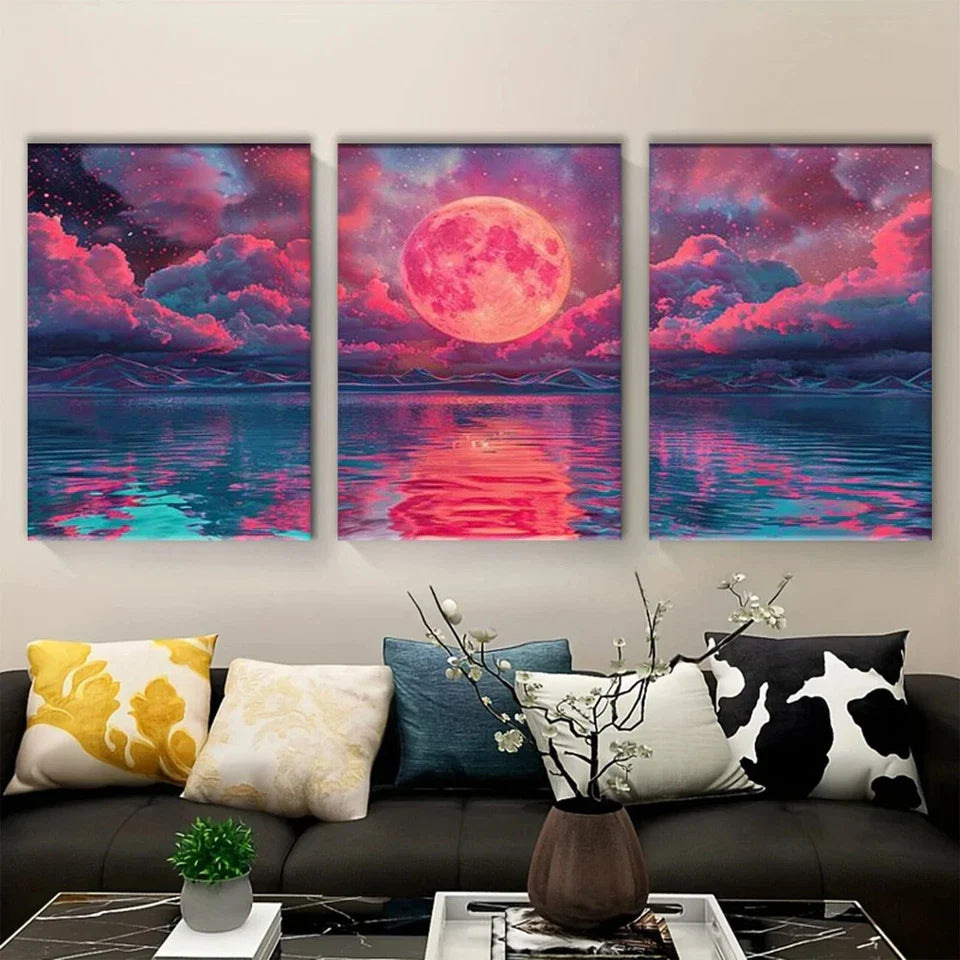 3pcs Abstract Stunning Pink Moon Metal Print Ready to Hang Art