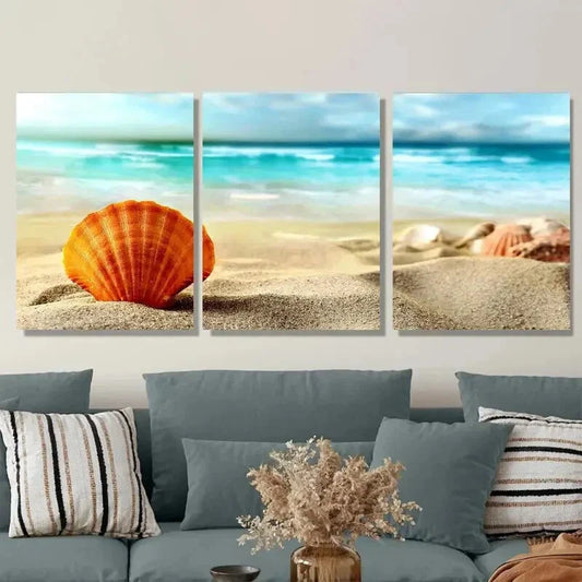 3pcs Beach Seashell Vibrant Ocean & Sandy Shore Metal Print Ready to Hang Art