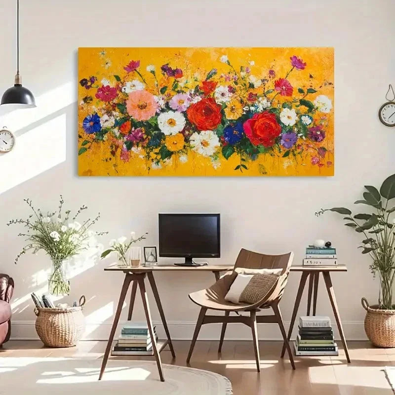 Bright Flowers Yellow Nature Wall Art Canvas Office Home Room Framed 120x60cm