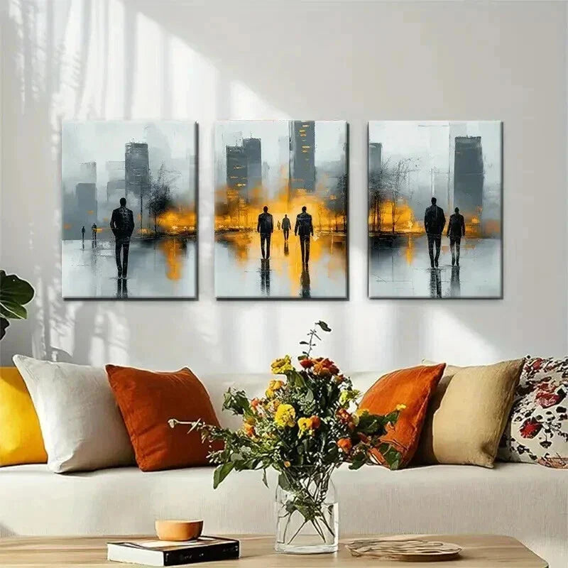 3pcs Abstract Cityscape with Silhouetted Perfect Wall Art Set Canvas Framed 40x60cm - High Quality Print 100% Australian Made Wall Canvas Ready to Hang