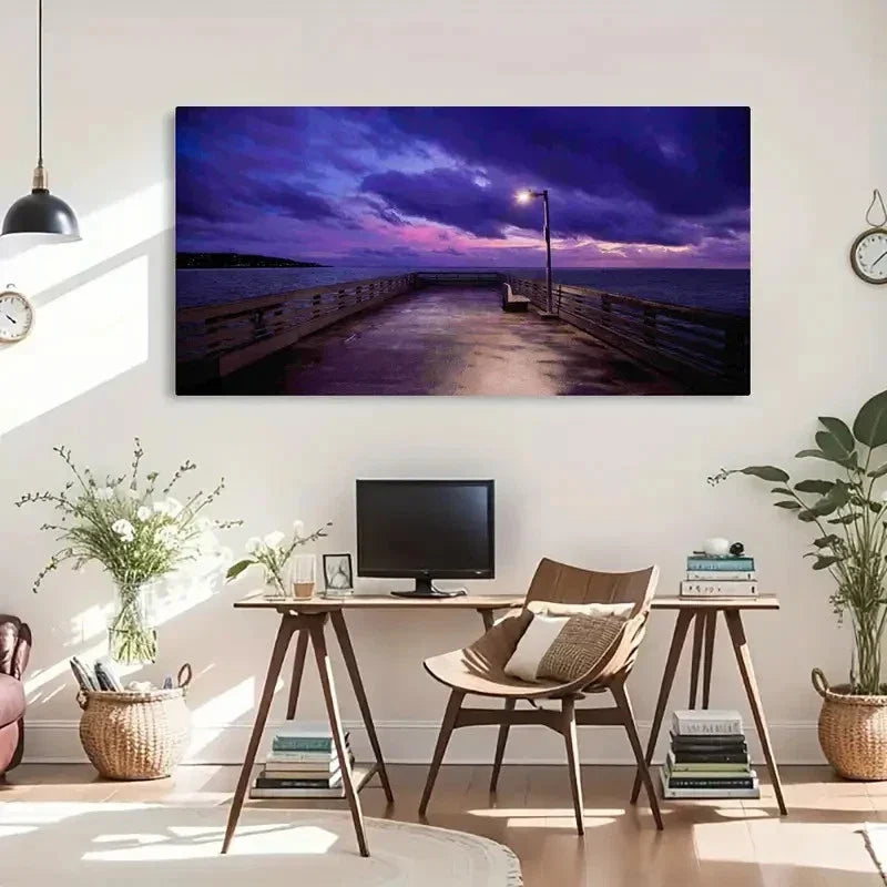 Seaside Dock Sunset Retro Wall Art Canvas Office Home Room Framed 120x60cm