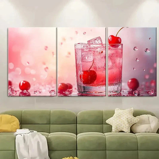3pcs Cherry Cocktail Trendy French Drink Metal Print Ready to Hang Art