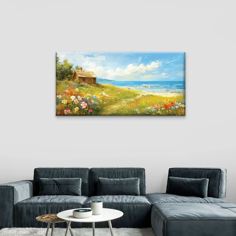 Beach House Flowers Field Wall Art Canvas Office Home Room Framed 80x45cm