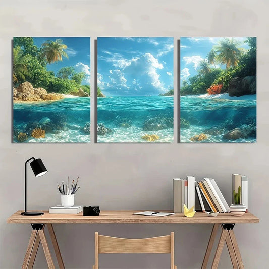 3pcs Tropical Island Coral Reef Blue Waters & Lush Metal Print Ready to Hang Art
