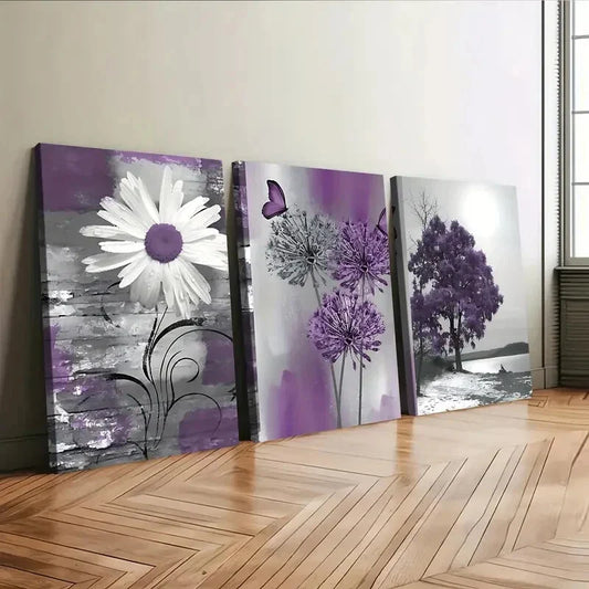 3pcs Purple and Gray Dandelions Daisie Butterfly Wall Art Set Canvas Framed 40x60cm - High Quality Print 100% Australian Made Wall Canvas Ready to Hang