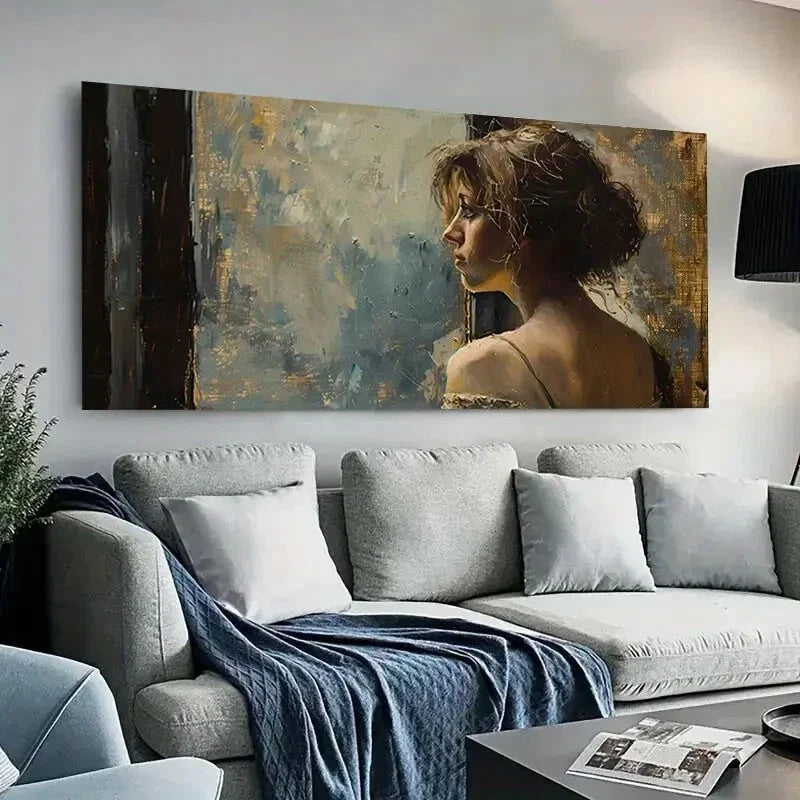 Elegant Woman Portrait Golden Wall Art Canvas Office Home Room Framed 80x45cm