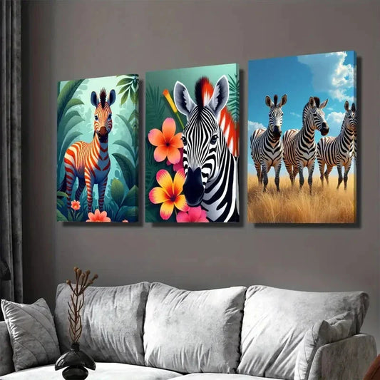 3pcs Colorful Zebra Picture Folwer Vibrant Wall Art Set Canvas Framed 40x60cm - High Quality Print 100% Australian Made Wall Canvas Ready to Hang