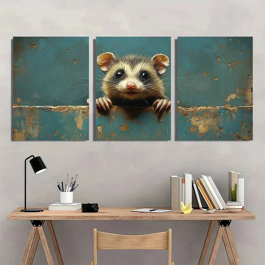 3pcs Vintage Style Opossum Playful Animal Metal Print Ready to Hang Art