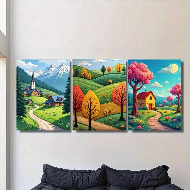 3pcs Scenic Village & Mountain Landscape Metal Print Ready to Hang Art