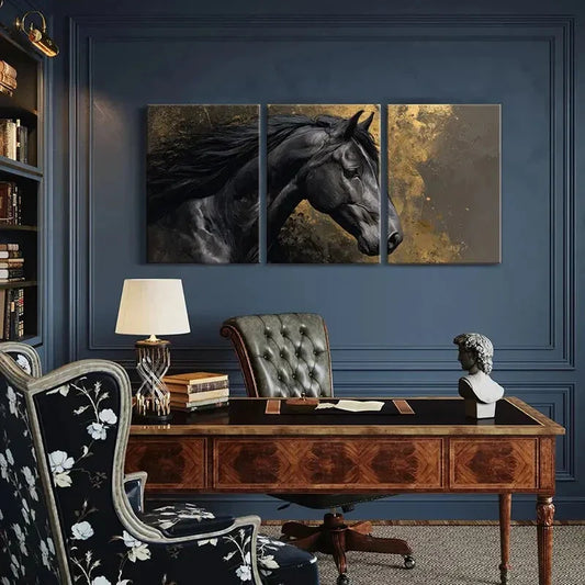 3pcs Black Horse Art Abstract Design Golden Metal Print Ready to Hang Art