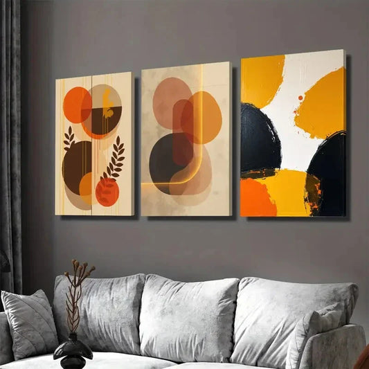3pcs Abstract Geometric Vibrant Orange, Brown Wall Art Set Canvas Framed 40x60cm - High Quality Print 100% Australian Made Wall Canvas Ready to Hang