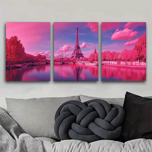 3pcs Pink Parisian Eiffel Tower Triptych Wall Art Set Canvas Framed 40x60cm - High Quality Print 100% Australian Made Wall Canvas Ready to Hang