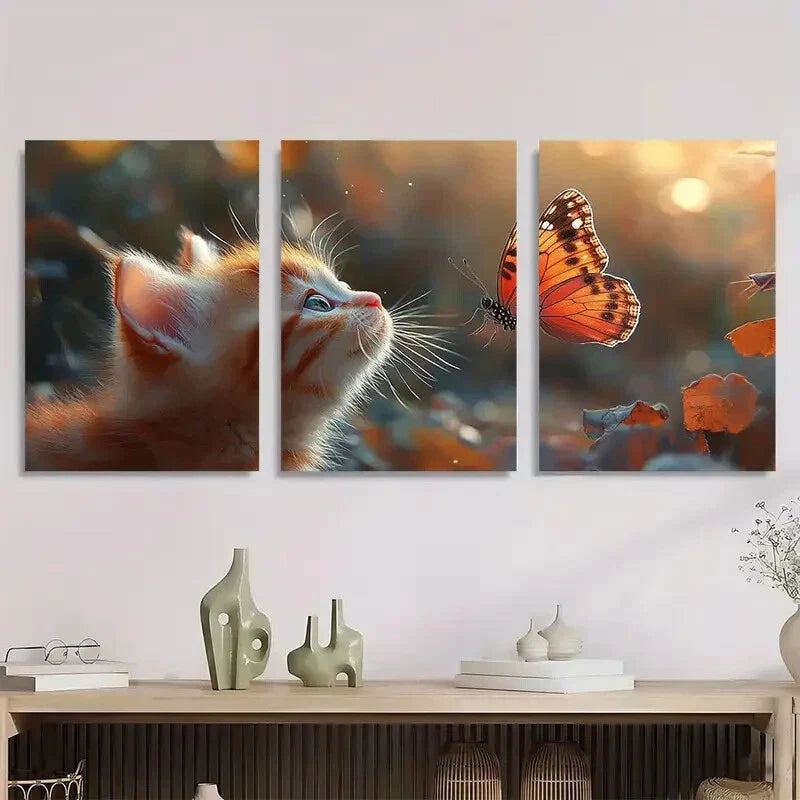 3pcs Charming Kitten & Butterfly Vibrant Nature Metal Print Ready to Hang Art