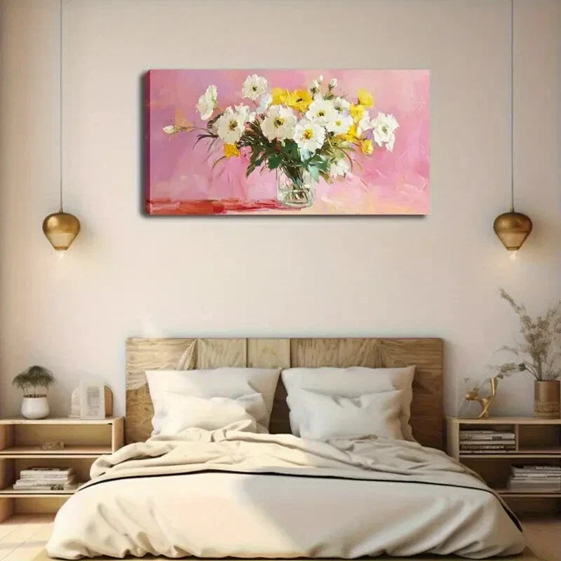 White & Yellow Flowers in Glass Wall Art Canvas Office Home Room Framed 120x60cm