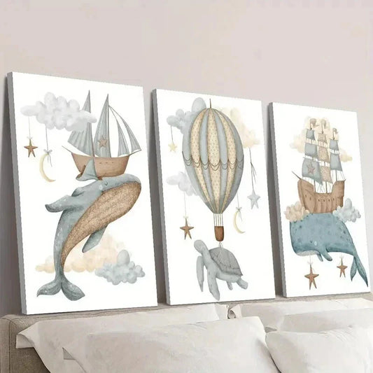 3pcs Whale Turtle Hot Air Balloon & Ship Wall Art Set Canvas Framed 40x60cm - High Quality Print 100% Australian Made Wall Canvas Ready to Hang