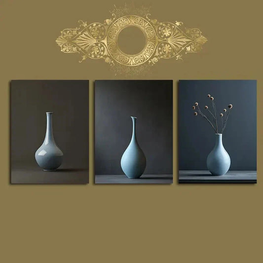3pcs Vase Abstract Light Blue Metal Print Ready to Hang Art