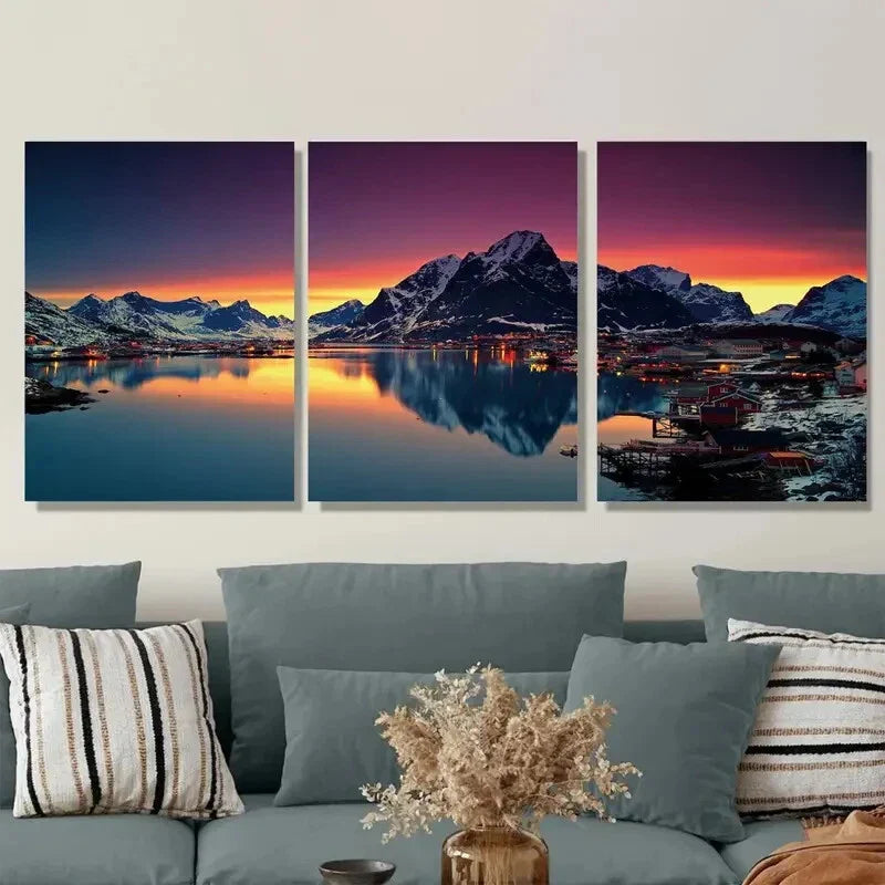 3pcs Scenic Mountain Sunset Landscape Triptych Metal Print Ready to Hang Art