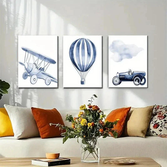 3pcs Vintage Transport Illustrations Perfect Wall Art Set Canvas Framed 40x60cm - High Quality Print 100% Australian Made Wall Canvas Ready to Hang