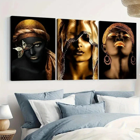 3pcs Black African American Woman Black and Golden Wall Art Set Canvas Framed 40x60cm - High Quality Print 100% Australian Made Wall Canvas Ready to Hang