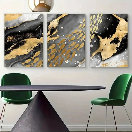 3pcs Goldfish Golden & Black Modern Metal Print Ready to Hang Art