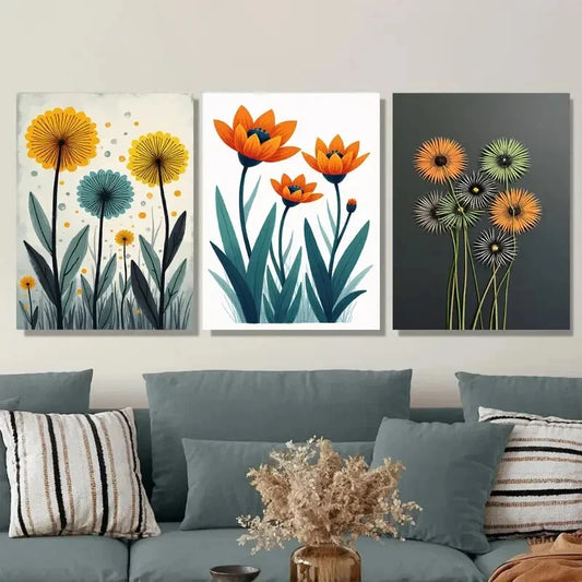 3pcs Modern Floral Vibrant Yellow, Orange & Teal Metal Print Ready to Hang Art