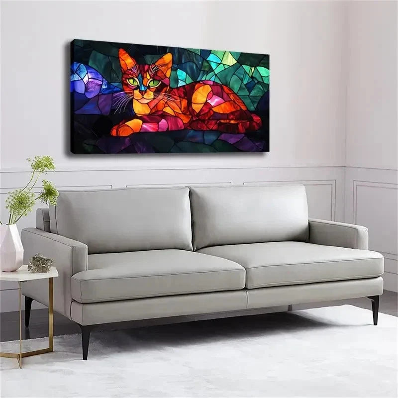 Vibrant Geometric Cat Décor Wall Art Canvas Office Home Room Framed 120x60cm