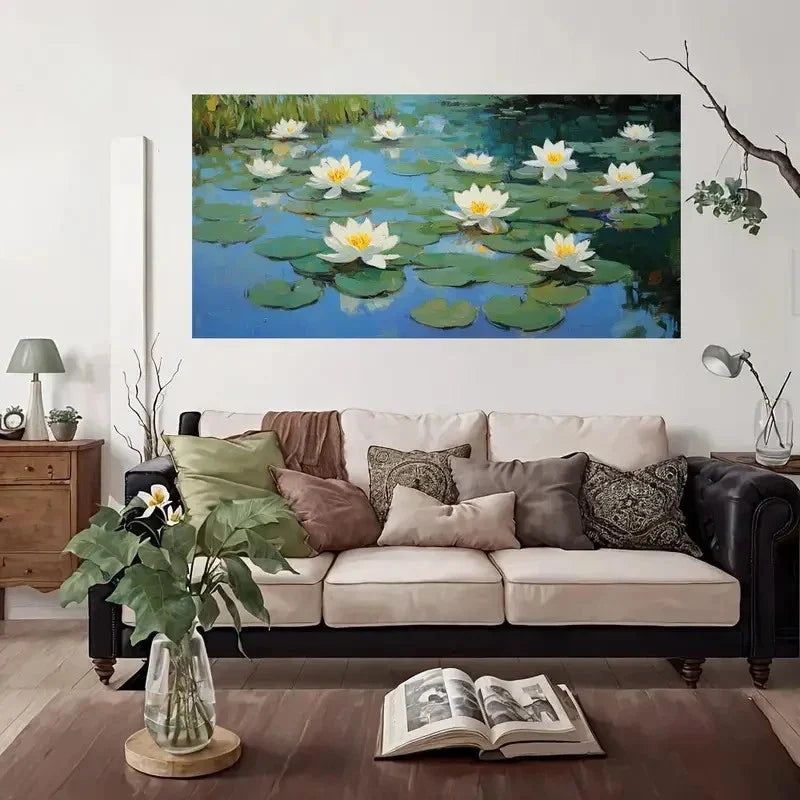 Water Lily Pond Wall Art Canvas Office Home Room Framed 80x45cm