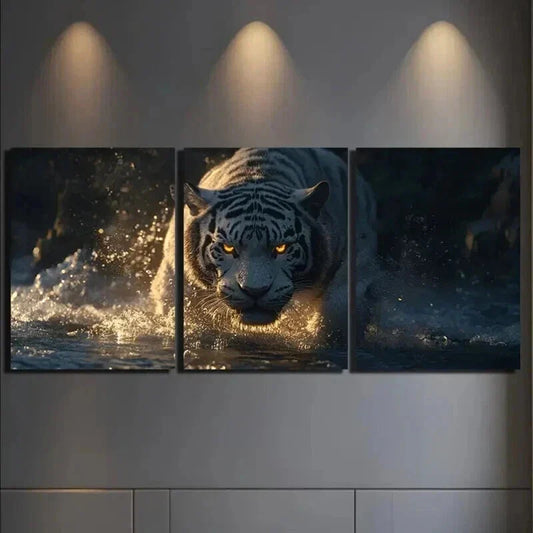 3pcs White Tiger With Glowing Eyes Wall Art Set Canvas Framed 40x60cm - High Quality Print 100% Australian Made Wall Canvas Ready to Hang