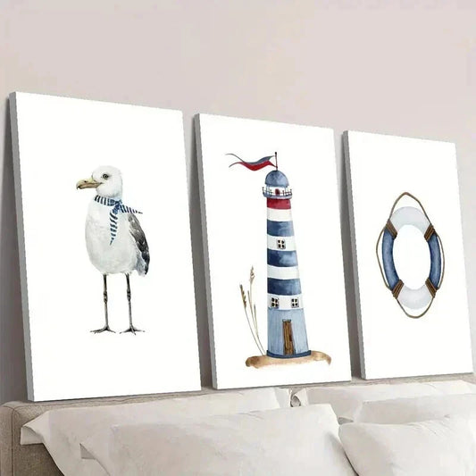 3pcs White Seagull Lighthouse Nautical Lifebuoy Wall Art Set Canvas Framed 40x60cm - High Quality Print 100% Australian Made Wall Canvas Ready to Hang