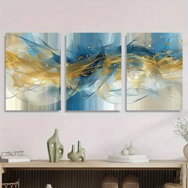 3pcs Abstract Blue and Golden Swirls Metal Print Ready to Hang Art