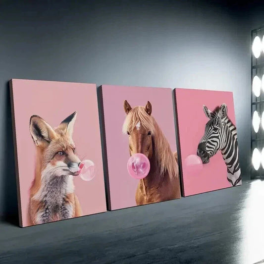 3pcs Fox Horse Zebra Blowing Bubbles Wall Art Set Canvas Framed 40x60cm - High Quality Print 100% Australian Made Wall Canvas Ready to Hang