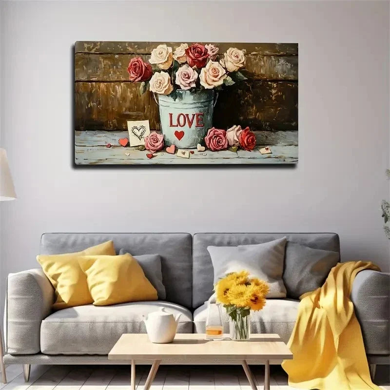 Pink Roses & Hearts Romantic Wall Art Canvas Office Home Room Framed 120x60cm