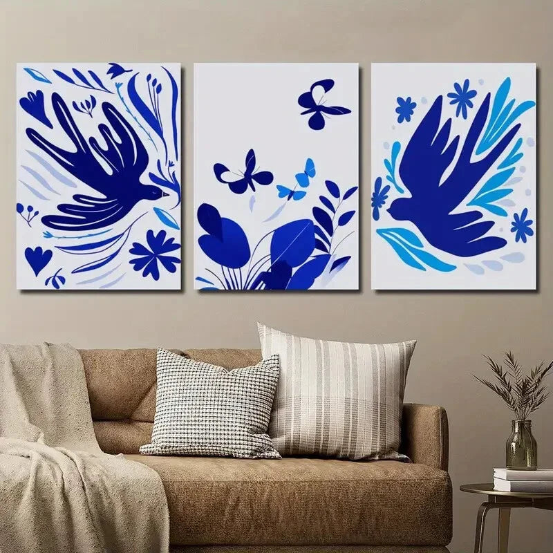 3pcs Vibrant Blue Flowers Birds & Butterflies Wall Art Set Canvas Framed 40x60cm - High Quality Print 100% Australian Made Wall Canvas Ready to Hang