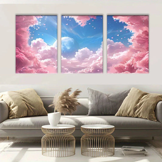 3pcs Heart-Shaped Cloud Sky Fabric Metal Print Ready to Hang Art