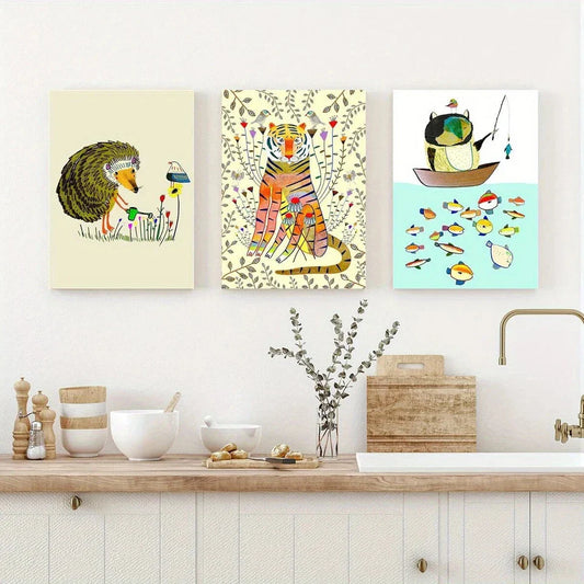 3pcs Animal Tiger Bear Fishing Cute Animals Metal Print Ready to Hang Art
