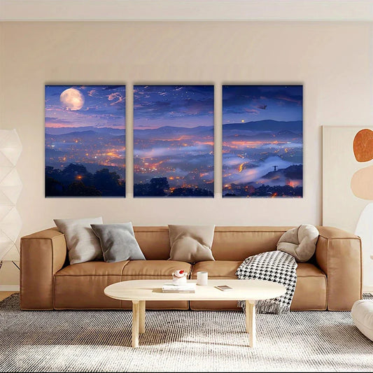 3pcs Moonlit Town Nature Colorful Metal Print Ready to Hang Art