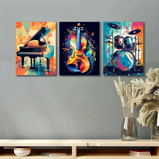3pcs Piano Violin Drums Colorful Abstract Metal Print Ready to Hang Art