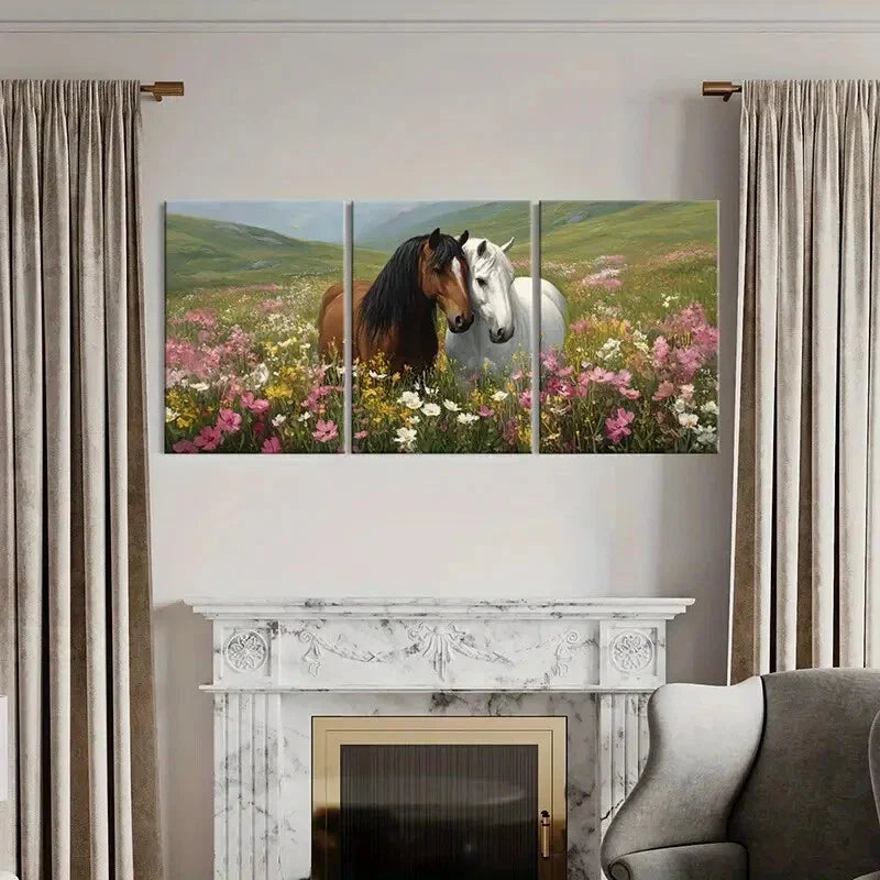 3pcs Horses in Bloom Floral Meadow Landscape Metal Print Ready to Hang Art