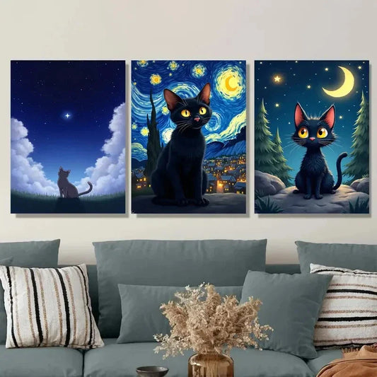 3pcs Starry Night Cat Triptych Vibrant Black Cat Wall Art Set Canvas Framed 40x60cm - High Quality Print 100% Australian Made Wall Canvas Ready to Hang